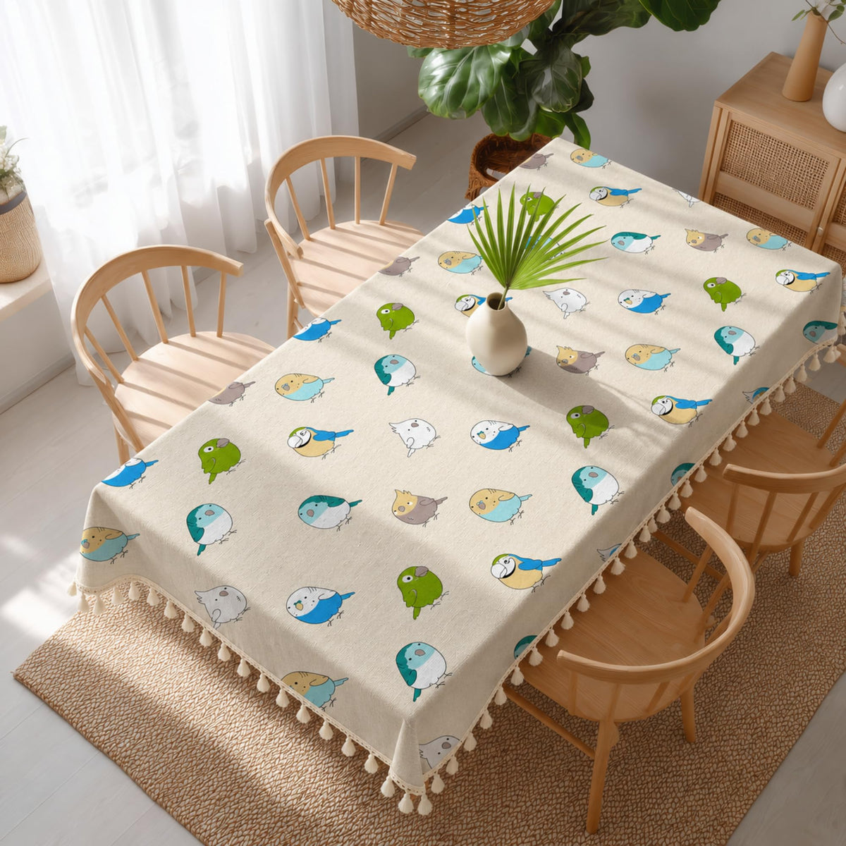 Loreto Multicolor Birds on Soft Beige Cotton Dining Table Cover | 48 x 60 Inches - main product image