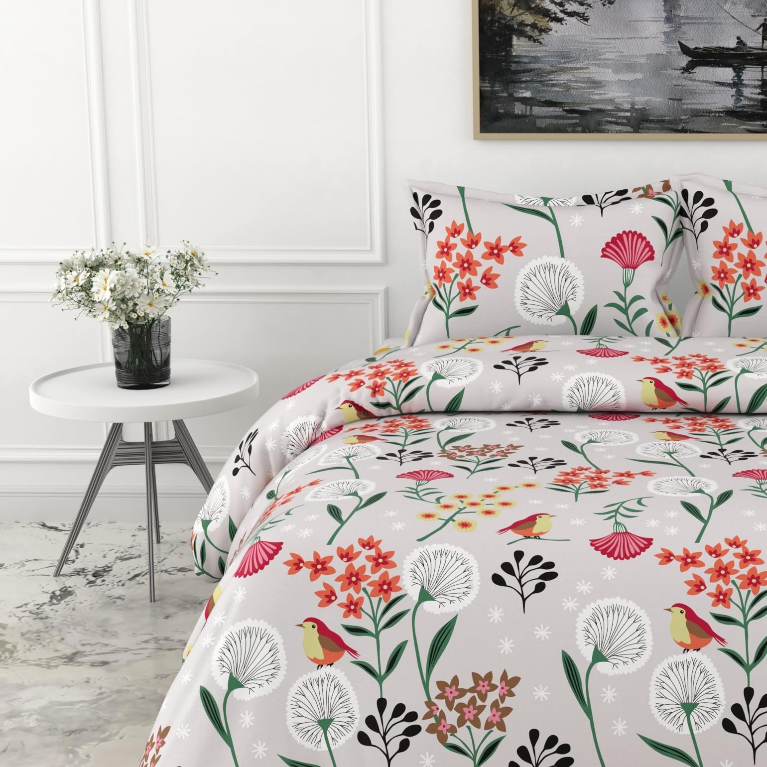 Lavender Grey Spring Harmony King Bedsheet - 144 TC 100% Cotton with 2 Pillow Covers (104 x 104 Inches)
