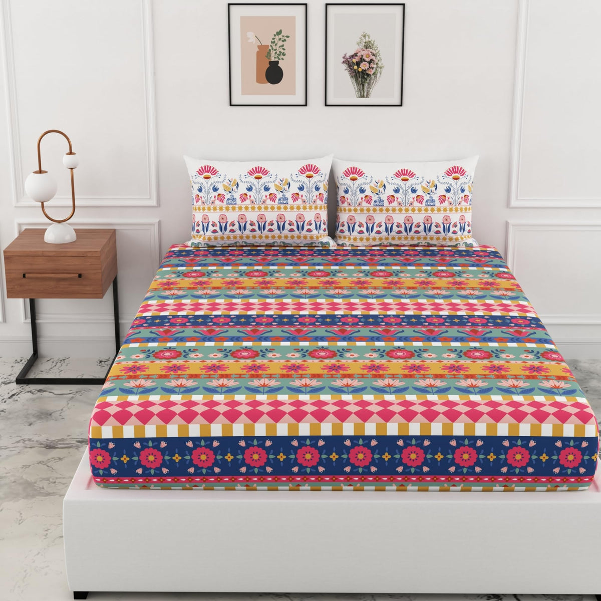 Loreto Multicolor Folk Floral Stripes Double Fitted Bedsheet | 186 TC | 100% Cotton | Fits 78 x 60 Inches | 8 Inch Pocket - main product image