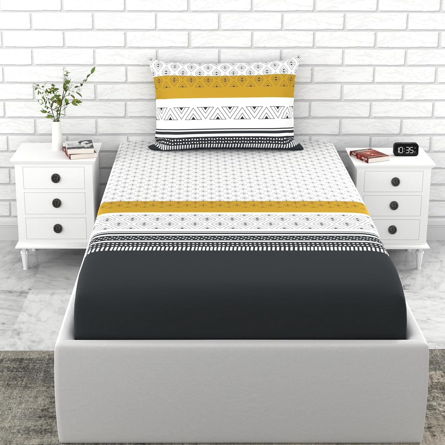 Loreto Cotton Single Bedsheet | Granite Black and Golden Haze