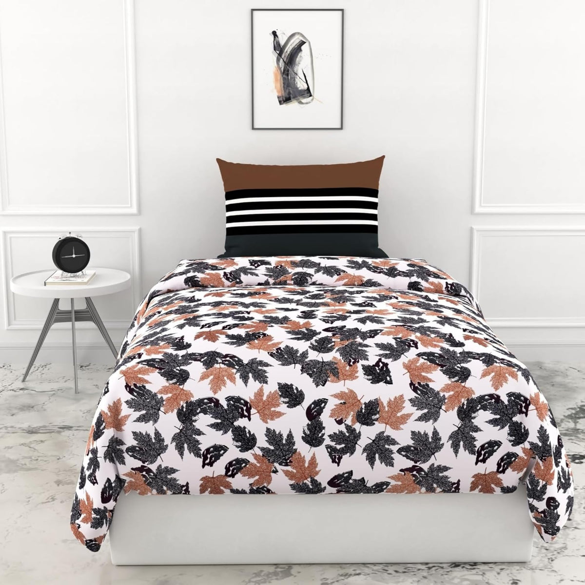 Loreto Cotton Single Pillow Cover | Frosted Charcoal Leaf Pattern 100% Pure Cotton Bed Sheet with | Soft & Breathable | 54 x 84 Inches, 144 TC