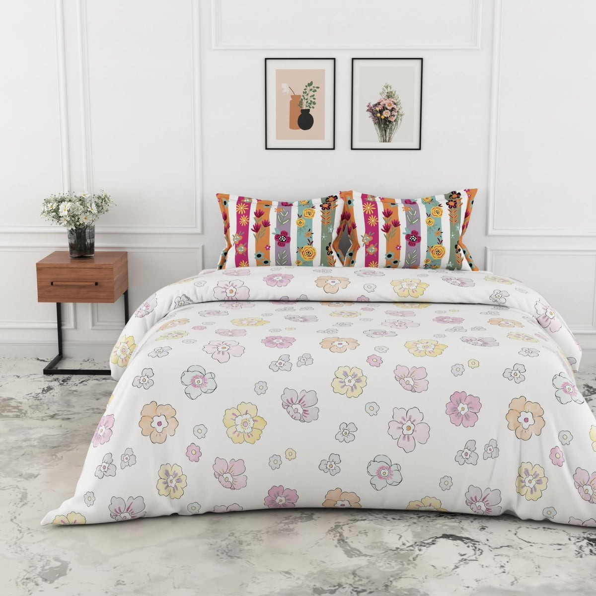 Loreto White Pastel Mini Florals Double Bedsheet | 144 TC | 100% Cotton | 88 x 90 Inches - main product image