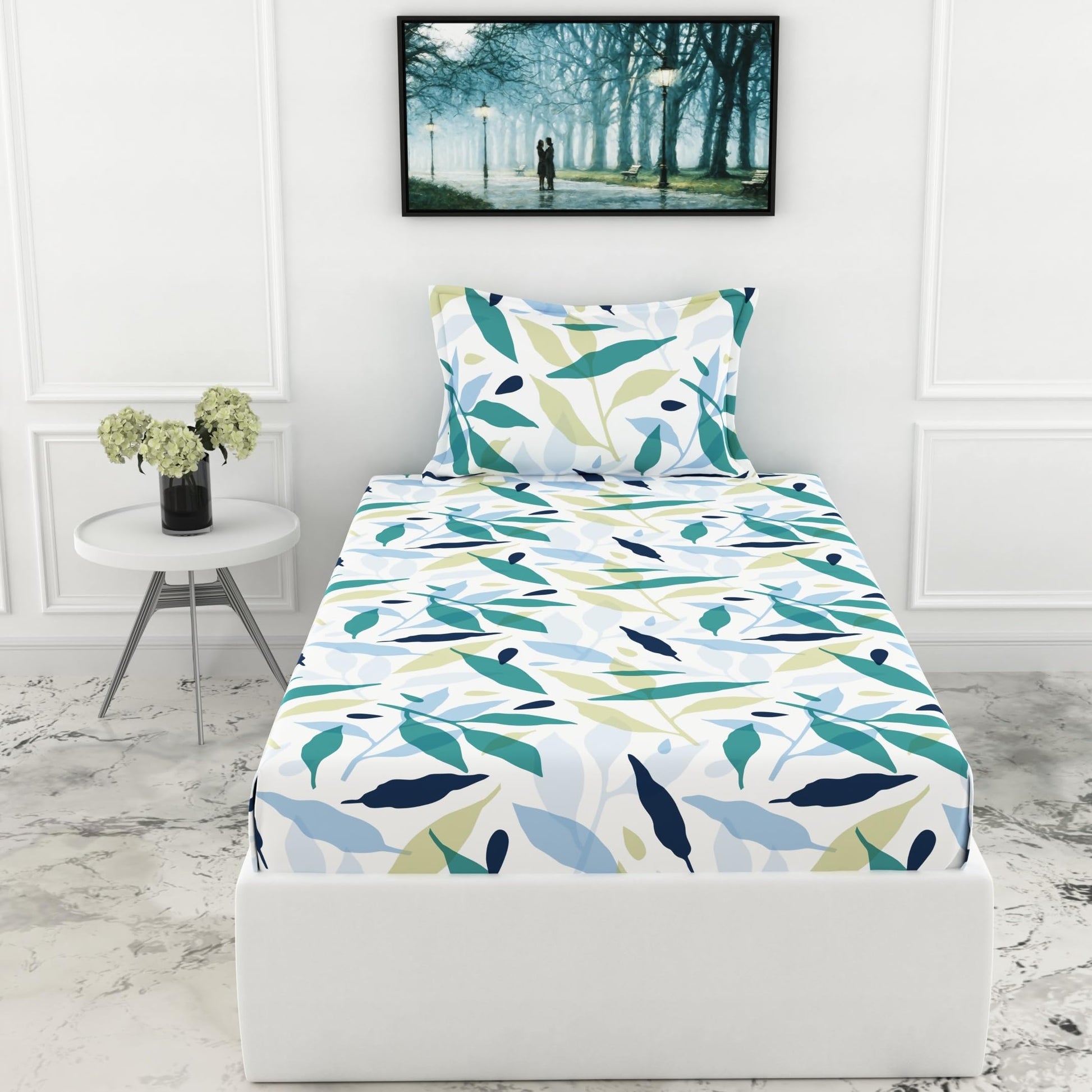 Green Leaf Whisper Single Bedsheet - 210 TC 100% Cotton with 1 Pillow Cover (58 x 88 Inches)
