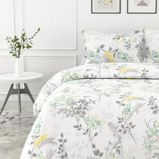 Grey Botanical 100% Pure Cotton Double Bedsheet, 186 TC, 86 x 96 Inches, Soft & Breathable with 2 Pillow Covers