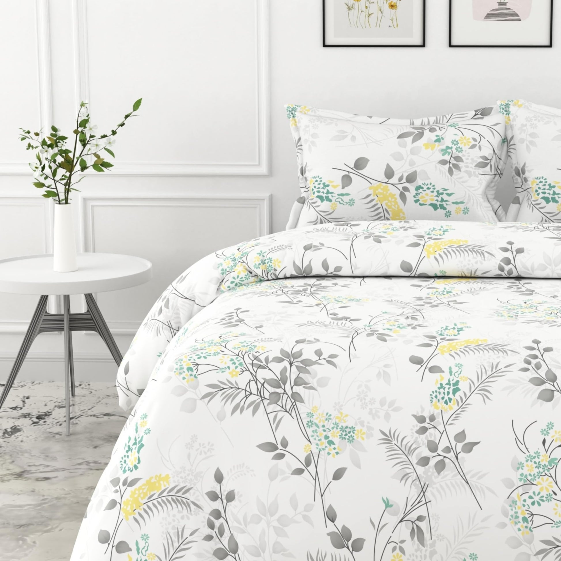 Grey Botanical 100% Pure Cotton Double Bedsheet, 186 TC, 86 x 96 Inches, Soft & Breathable with 2 Pillow Covers