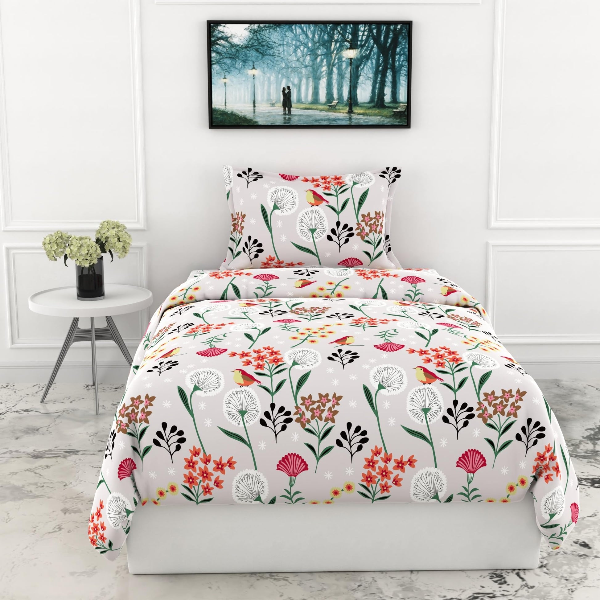 Lavender Grey Spring Harmony Single Bedsheet - 144 TC 100% Cotton with 1 Pillow Cover (54 x 84 Inches)