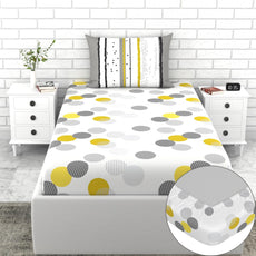 Loreto Cotton Single Fitted Bedsheet | Grey and Yellow Polka Dots