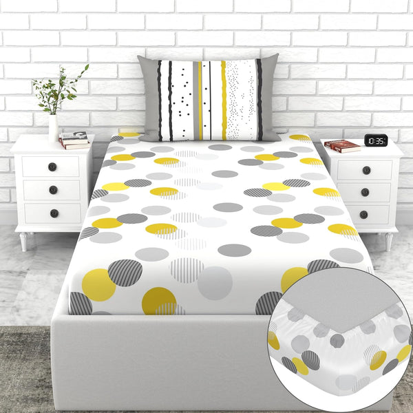 Loreto Cotton Single Fitted Bedsheet | Grey and Yellow Polka Dots