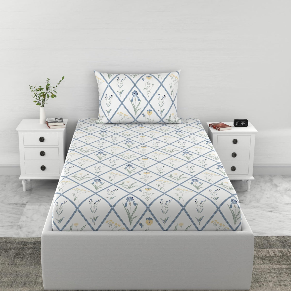 Loreto White Blue Diamond Floral Single Fitted Bedsheet | 186 TC | 100% Cotton | Fits 78 x 36 Inches | 8 Inch Pocket - main product image