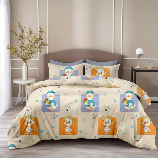 Loreto Cotton Double Bedsheet | Playful Ducks on Creamy Beige 186 TC Cotton , 90 x 90 Inches - Soft Percale Weave with 2 Covers, Durable & Breathable