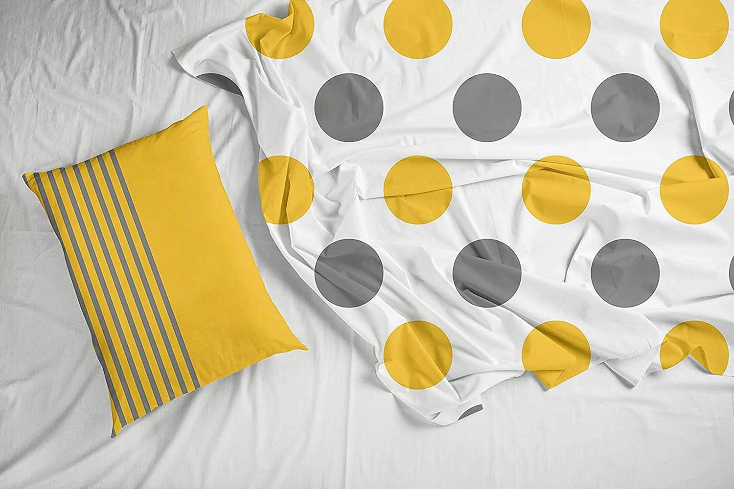 Yellow and Grey Polka Dots 100% Cotton Flat Single Bedsheet, 144 TC