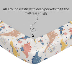 Coral Blue Dino Party 100% Cotton Double Fitted Bedsheet with 2 Pillow Covers, 144 TC, 78 x 60 Inches