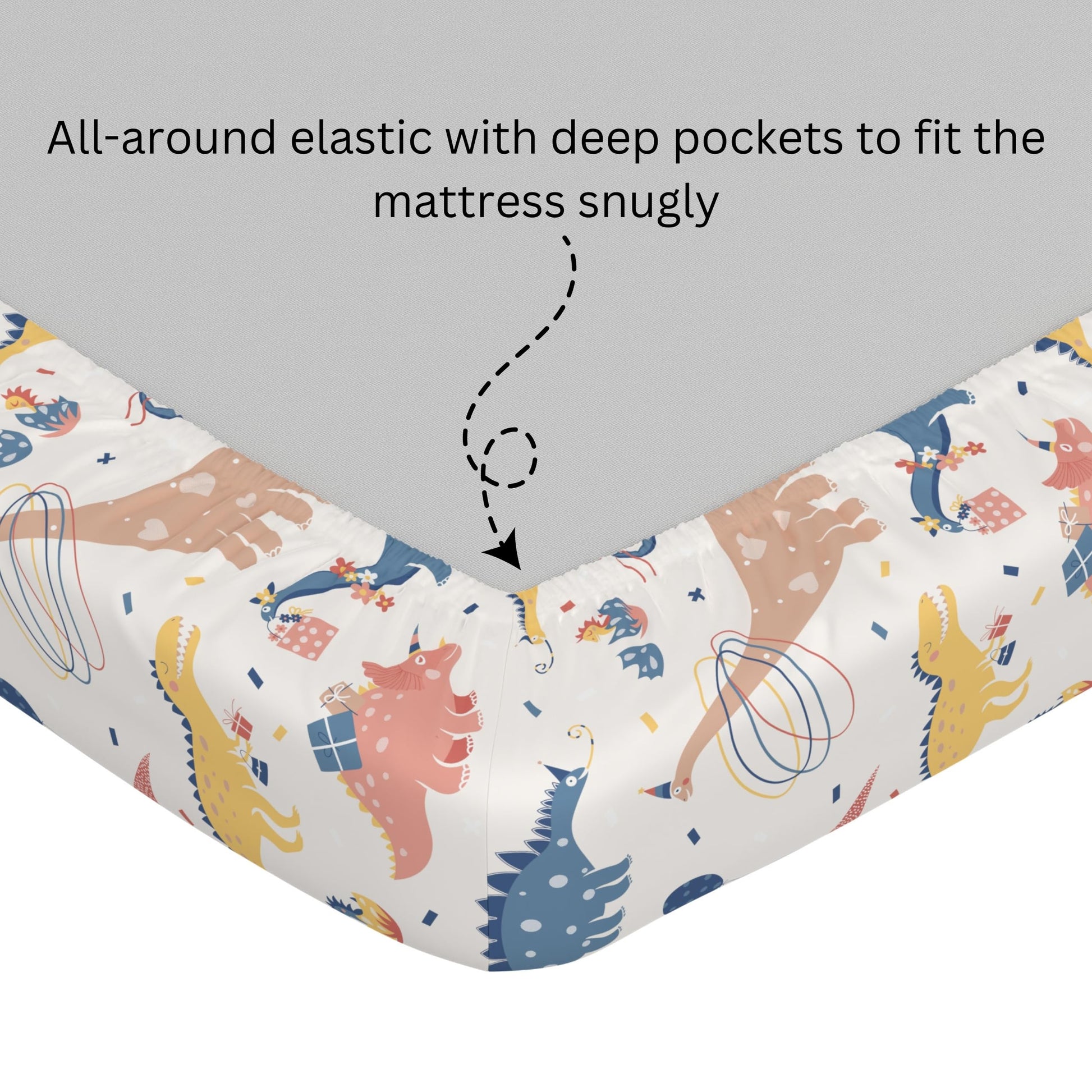 Coral Blue Dino Party 100% Cotton Double Fitted Bedsheet with 2 Pillow Covers, 144 TC, 78 x 60 Inches