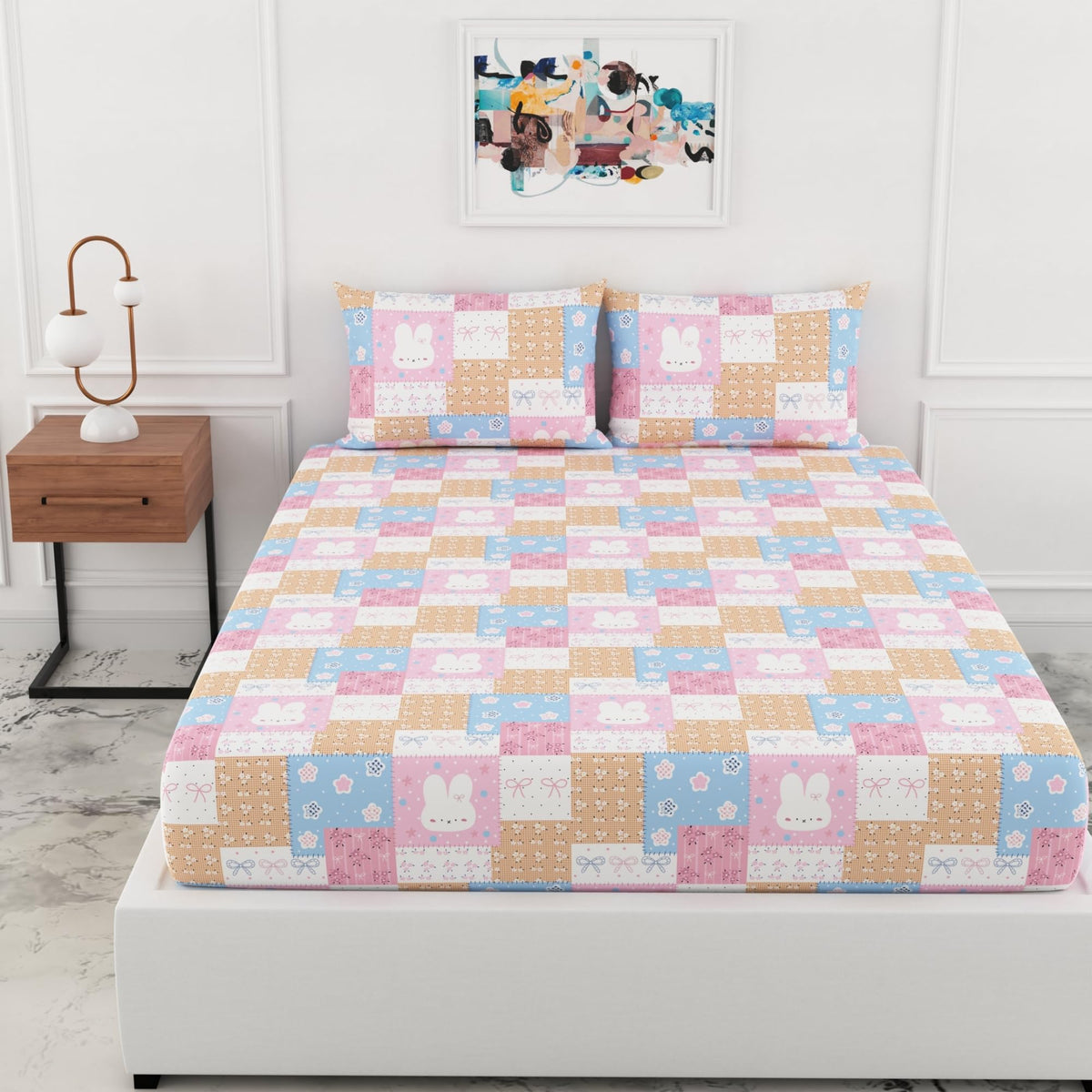 Loreto Pastel Pink Blue Bunny Patchwork Double Fitted Bedsheet | 144 TC | 100% Cotton | Fits 78 x 60 Inches | 8 Inch Pocket - main product image