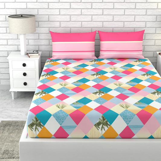 Loreto Cotton Double Bedsheet | Pinky White Checkered