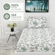 Green & Silver Blooms 144 TC 100% Cotton Elastic Fitted Single Bedsheet with 1 Pillow Cover - 78 x 36 Inches