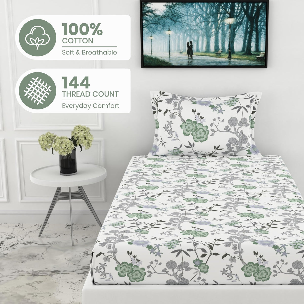 Green & Silver Blooms 144 TC 100% Cotton Elastic Fitted Single Bedsheet with 1 Pillow Cover - 78 x 36 Inches