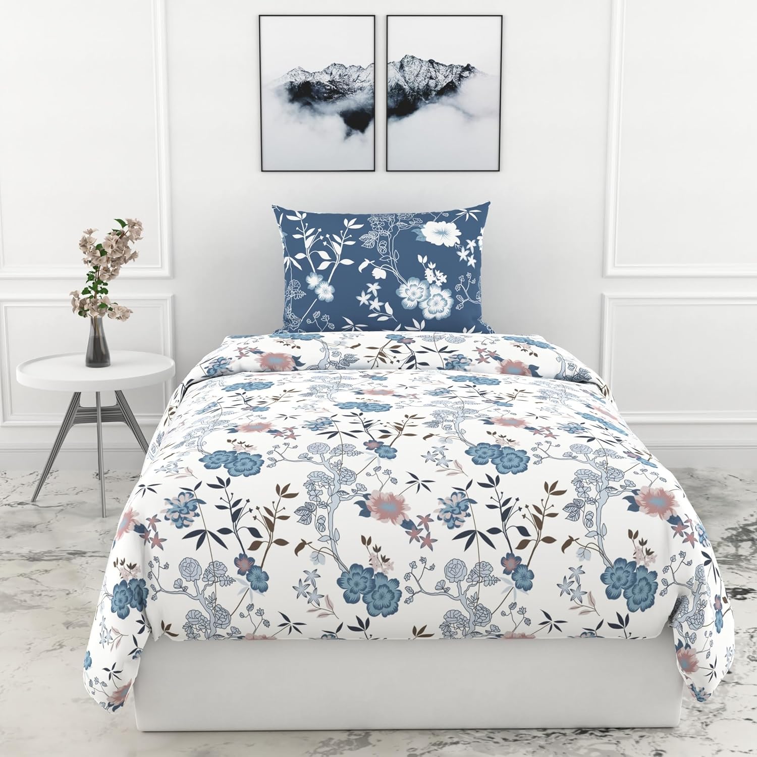 Loreto Cotton Single Bedsheet | Dusty Blue & Blush Garden Soft & Breathable
