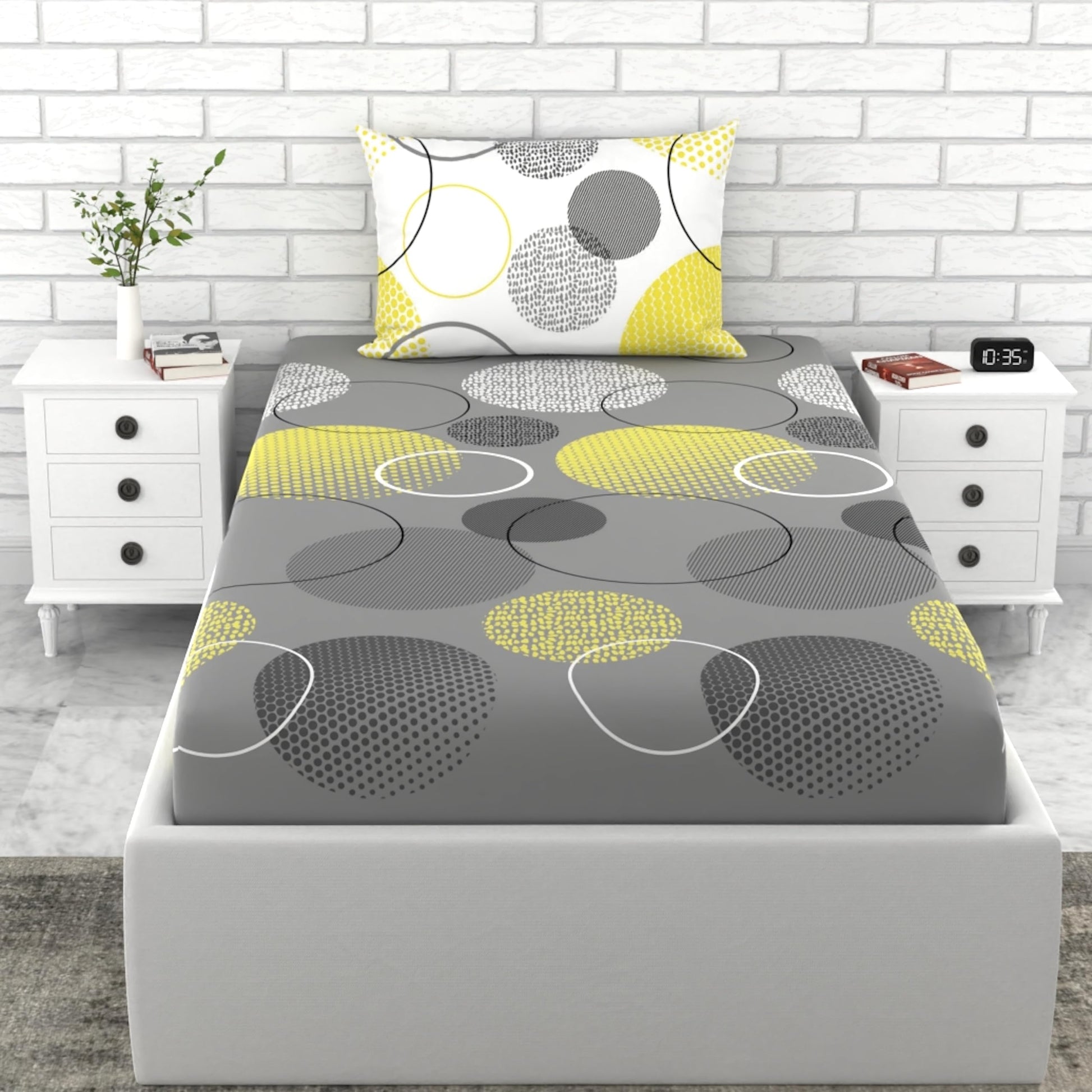 Grey & Yellow Geometric 144 TC Cotton Fitted Single Bed Sheet with 1 Pillow Cover - Soft, Breathable & All-Around Elastic (78 x 36 Inches)