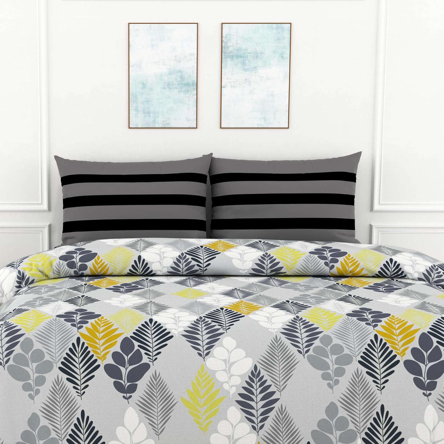 Jadeite Grey and Yellow Floral 100% Cotton Flat Double Bedsheet, 144 TC