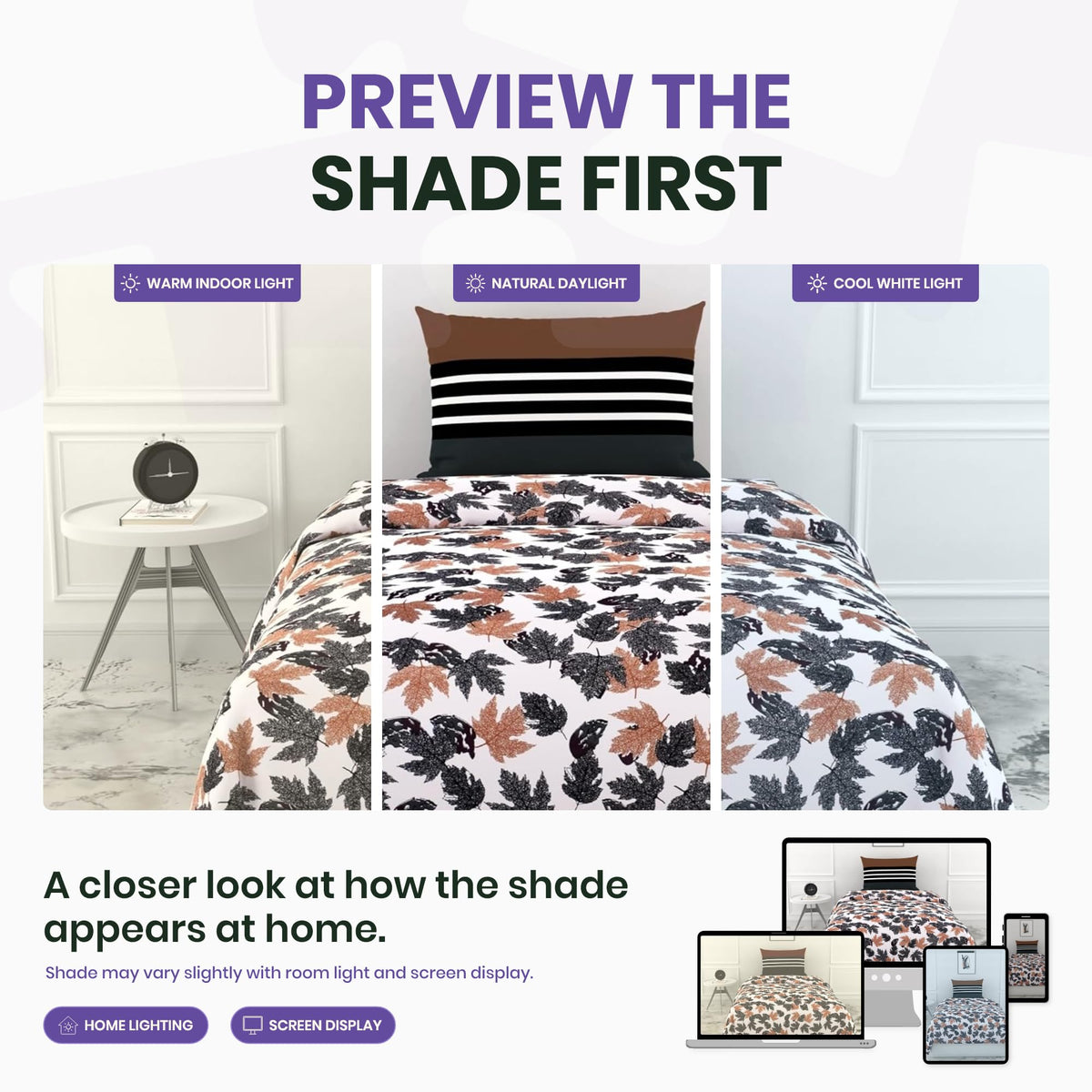 Frosted Charcoal Leaf Pattern 100% Pure Cotton Single Bed Sheet with Pillow Cover | Soft & Breathable | 54 x 84 Inches, 144 TC