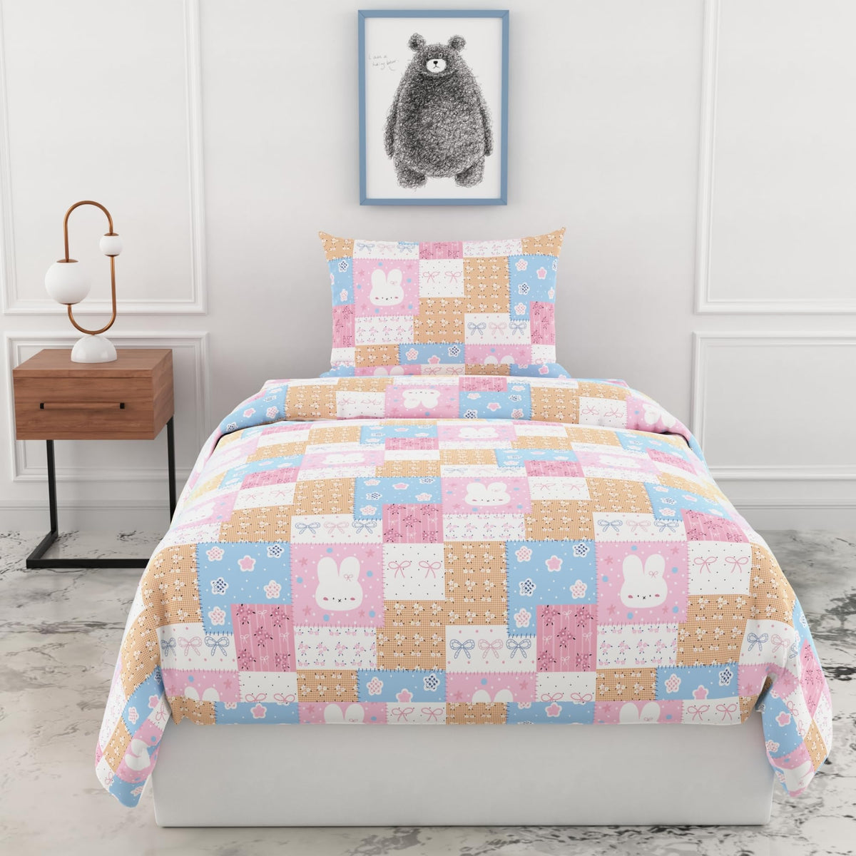 Loreto Pastel Pink Blue Bunny Patchwork Single Bedsheet | 144 TC | 100% Cotton | 54 x 84 Inches - main product image