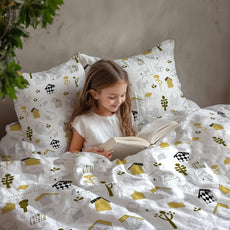 Soft White Kids House Pattern 100% Cotton Flat Double Bedsheet, 144 TC
