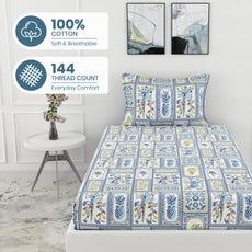 Royal Parrot Flora Print Blue 100% Cotton Elastic Fitted Bedsheet for Single Bed with Pillow Cover | All Around Elastic | 78 x 36 Inches, 144 TC
