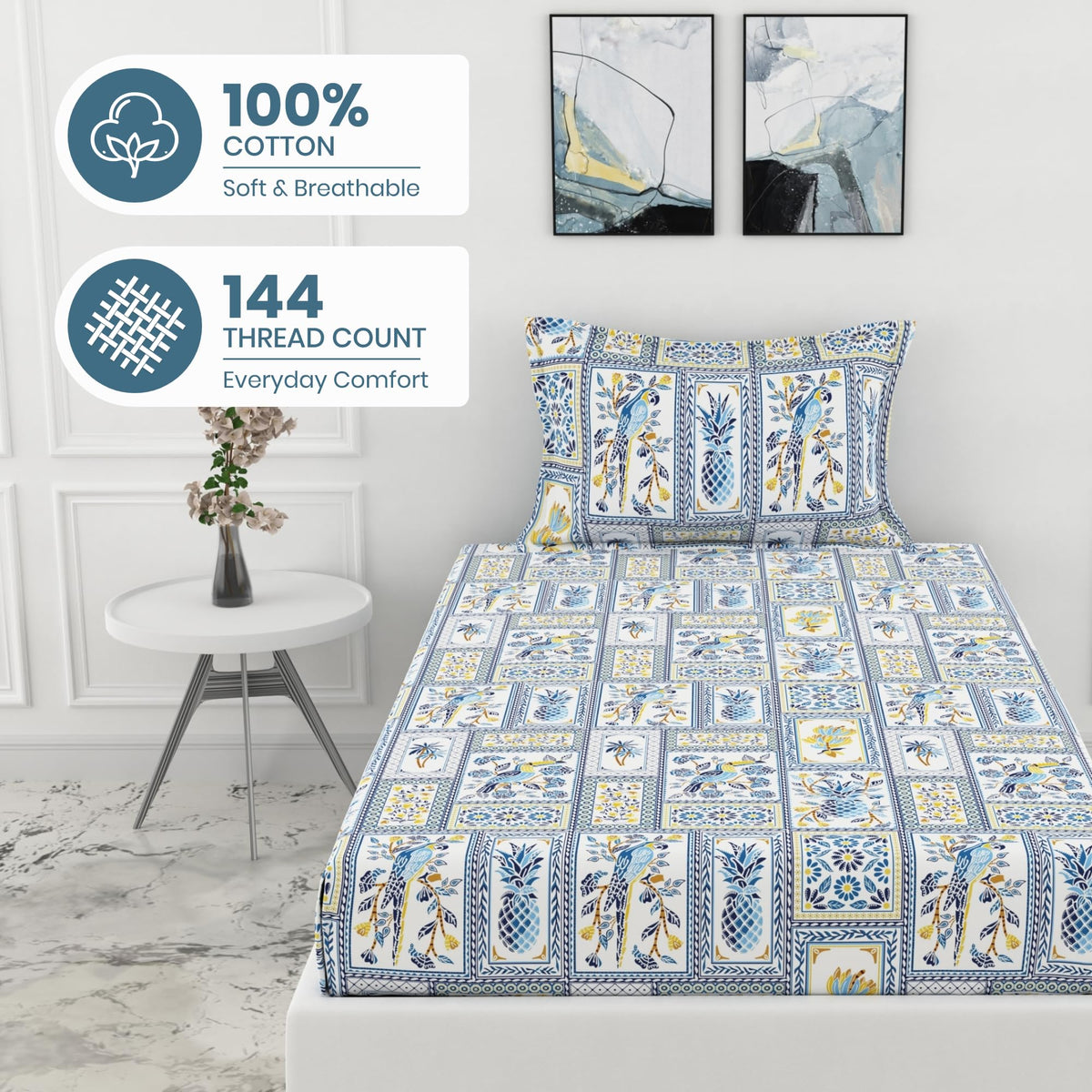 Royal Parrot Flora Print Blue 100% Cotton Elastic Fitted Bedsheet for Single Bed with Pillow Cover | All Around Elastic | 78 x 36 Inches, 144 TC