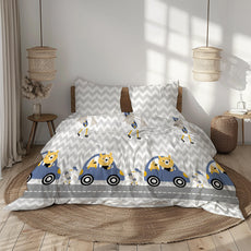Grey Chevron Bear Car Ride Bedsheet 186 TC Cotton Double Bedsheet, 90 x 90 Inches - Soft Percale Weave with 2 Pillow Covers, Durable & Breathable