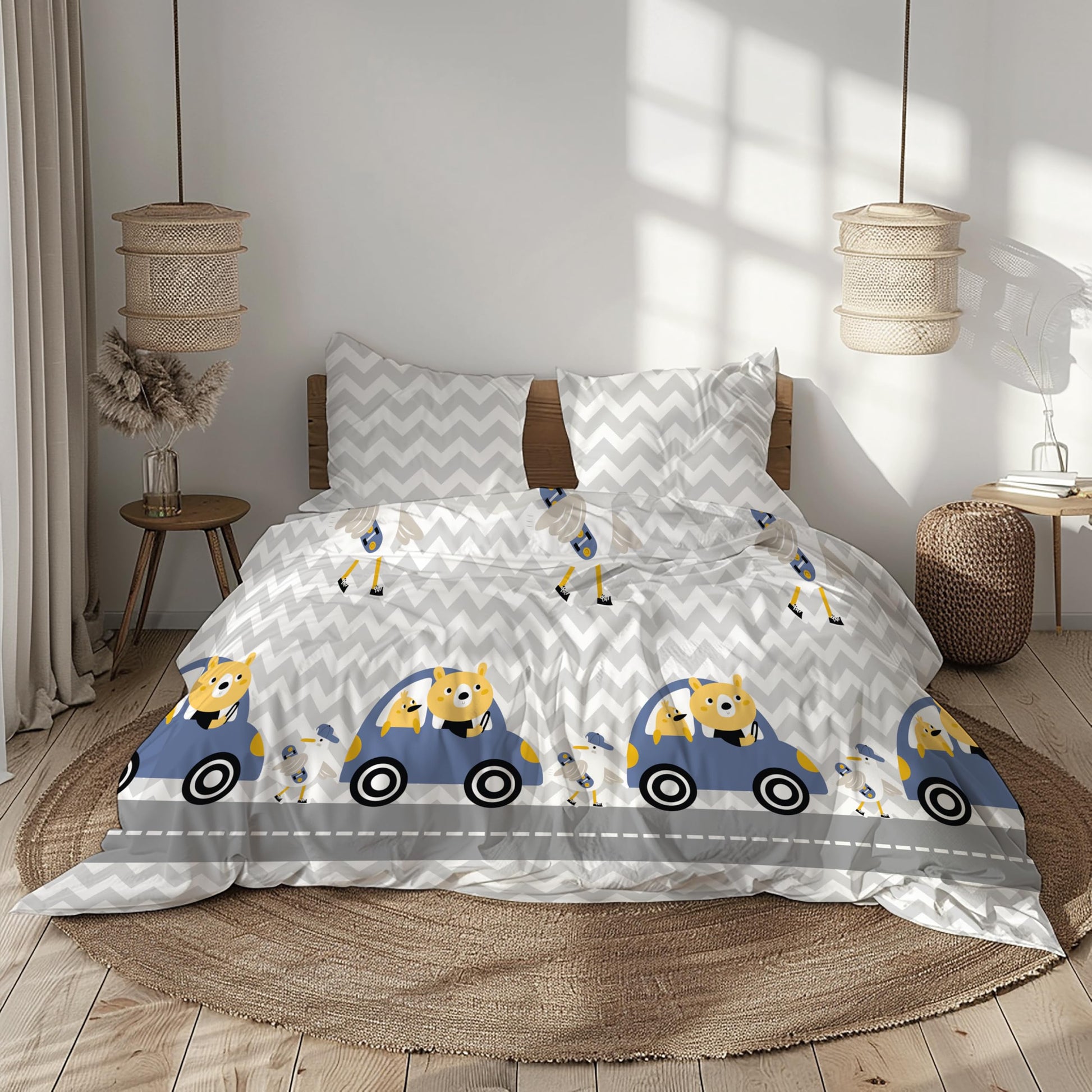 Grey Chevron Bear Car Ride Bedsheet 186 TC Cotton Double Bedsheet, 90 x 90 Inches - Soft Percale Weave with 2 Pillow Covers, Durable & Breathable