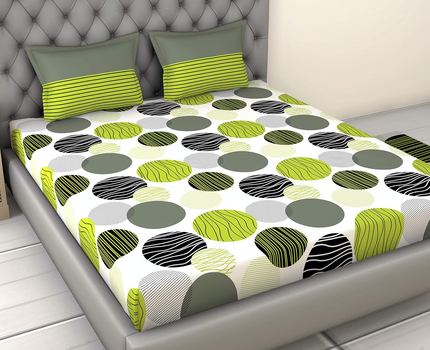 Olive Green & Black Circles 100% Cotton King Fitted Bedsheet, 144 TC