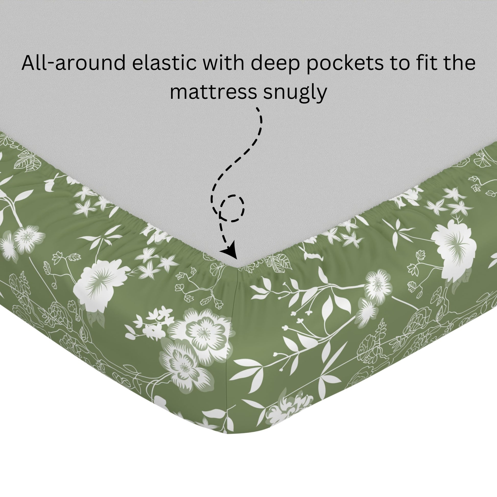 Olive Green Floral 100% Cotton Double Fitted Bedsheet with 2 Pillow Covers, 144 TC, 78 x 60 Inches