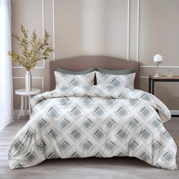 Loreto Cotton Double Bedsheet | Mist & Charcoal Grid 100% Pure Cotton with 2 Covers, 186 TC, 90 x 108 Inches - Soft & Breathable