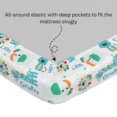 Aqua & Rainbow Animal 144 TC 100% Cotton Elastic Fitted Single Bedsheet with 1 Pillow Cover - 78 x 36 Inches