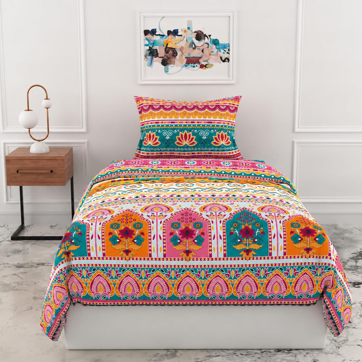Loreto Multicolor Heritage Arch Stripes Single Bedsheet | 144 TC | 100% Cotton | 54 x 84 Inches - main product image
