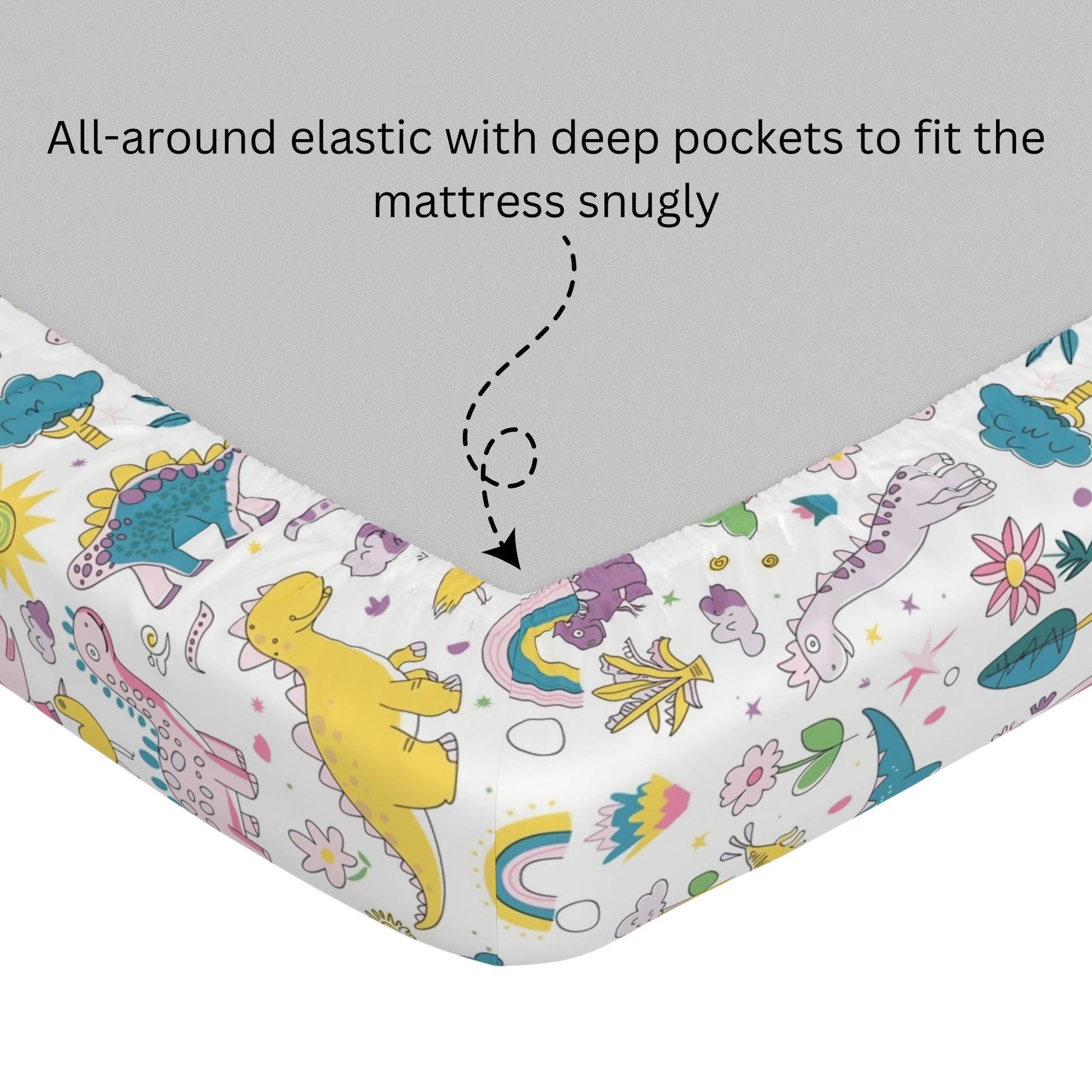 Rainbow Dino Fun & Deep Blue Olive Waves 100% Cotton Double Fitted Bedsheet with 2 Pillow Covers, 144 TC, 78 x 60 Inches