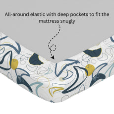 Blue & Olive Waves 100% Cotton Double Fitted Bedsheet with 2 Pillow Covers, 144 TC, 78 x 60 Inches