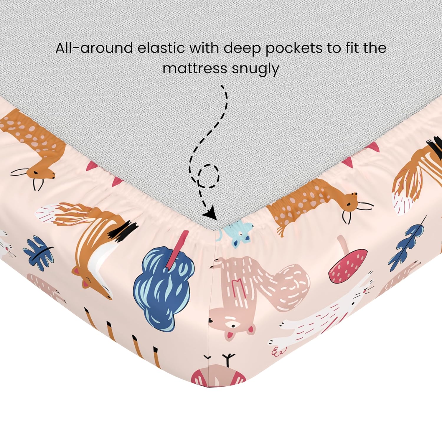Pastel Pink Animal Pattern 100% Cotton King Fitted Bedsheet, 144 TC