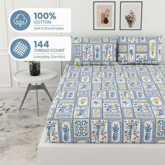 Parrot Flora Print 100% Cotton Elastic Fitted Bedsheet for King Size Bed with 2 Pillow Covers, 144 TC, 78 x 72 Inches