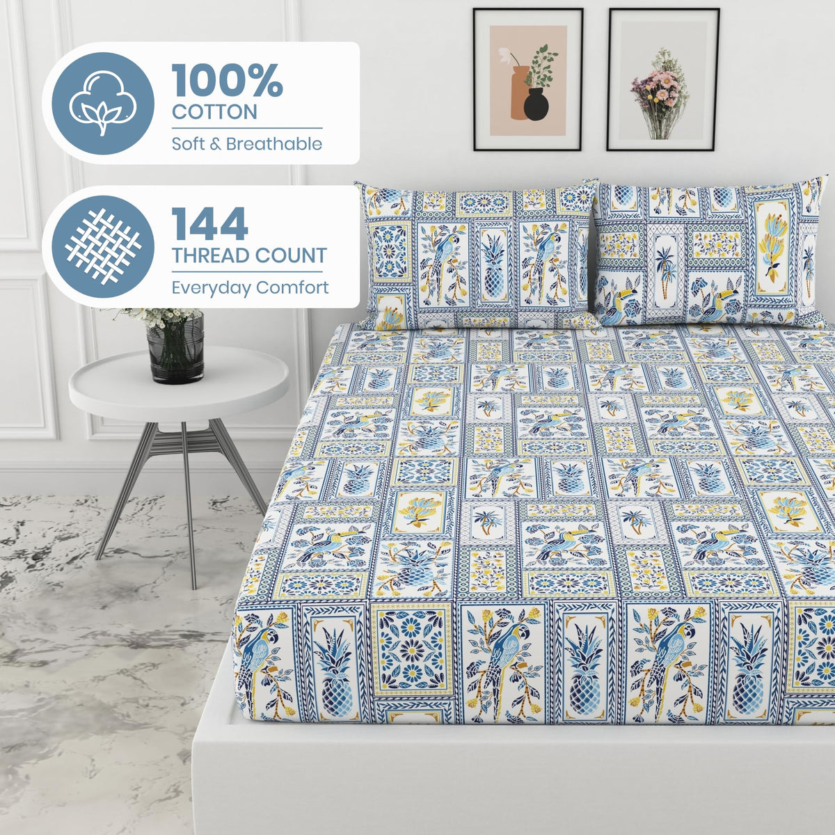 Parrot Flora Print 100% Cotton Double Fitted Bedsheet with 2 Pillow Covers, 144 TC, 78 x 60 Inches