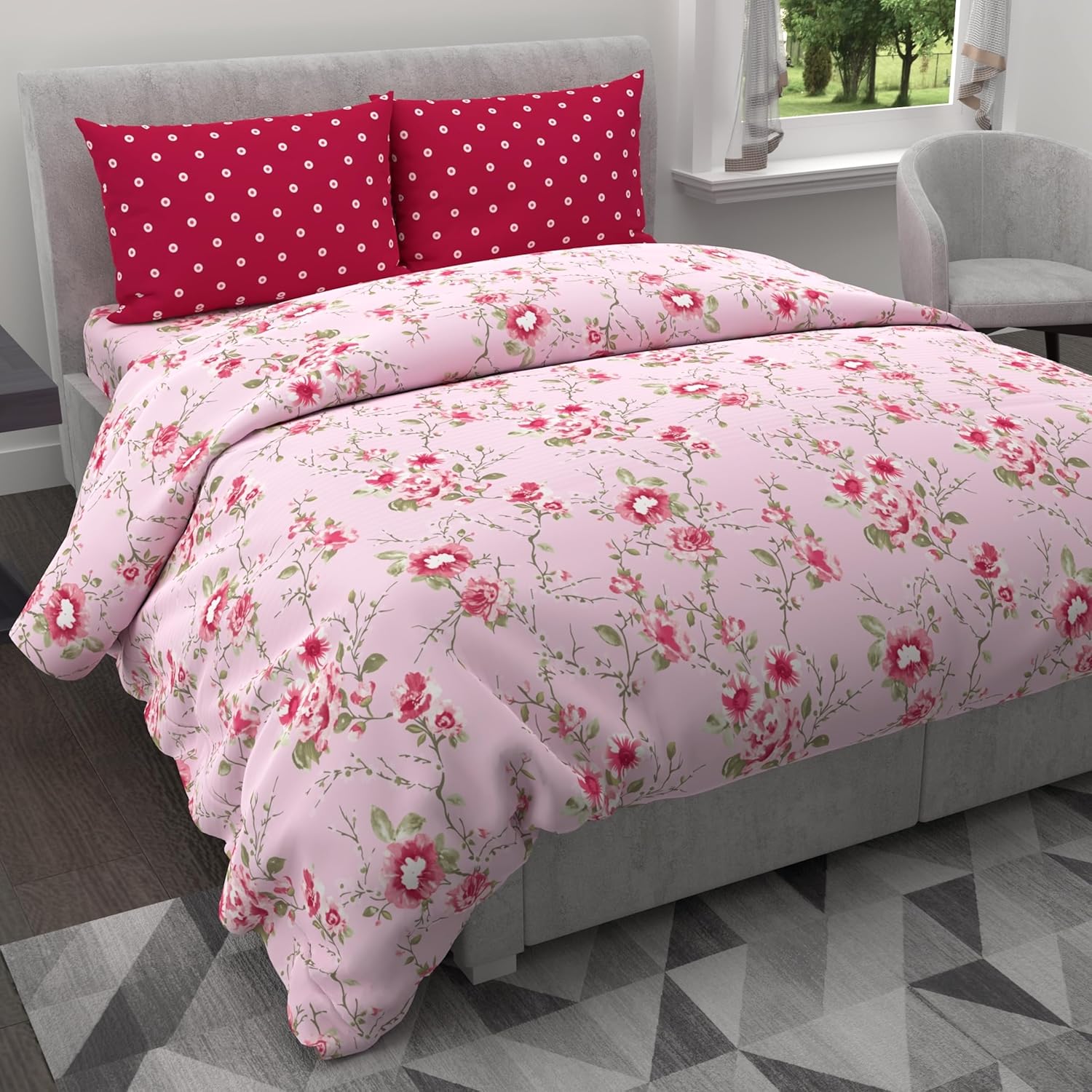 Pink Floral 100% Cotton Flat Double Bedsheet, 144 TC
