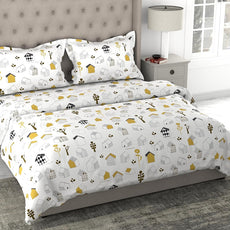 White Kids House Drawing Design Soft & Breathable 100% Cotton Flat King Bedsheet, 144 TC