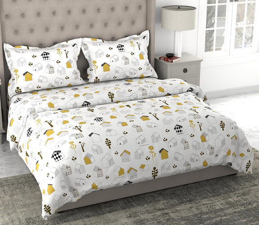 White Kids House Drawing Design Soft & Breathable 100% Cotton Flat King Bedsheet, 144 TC