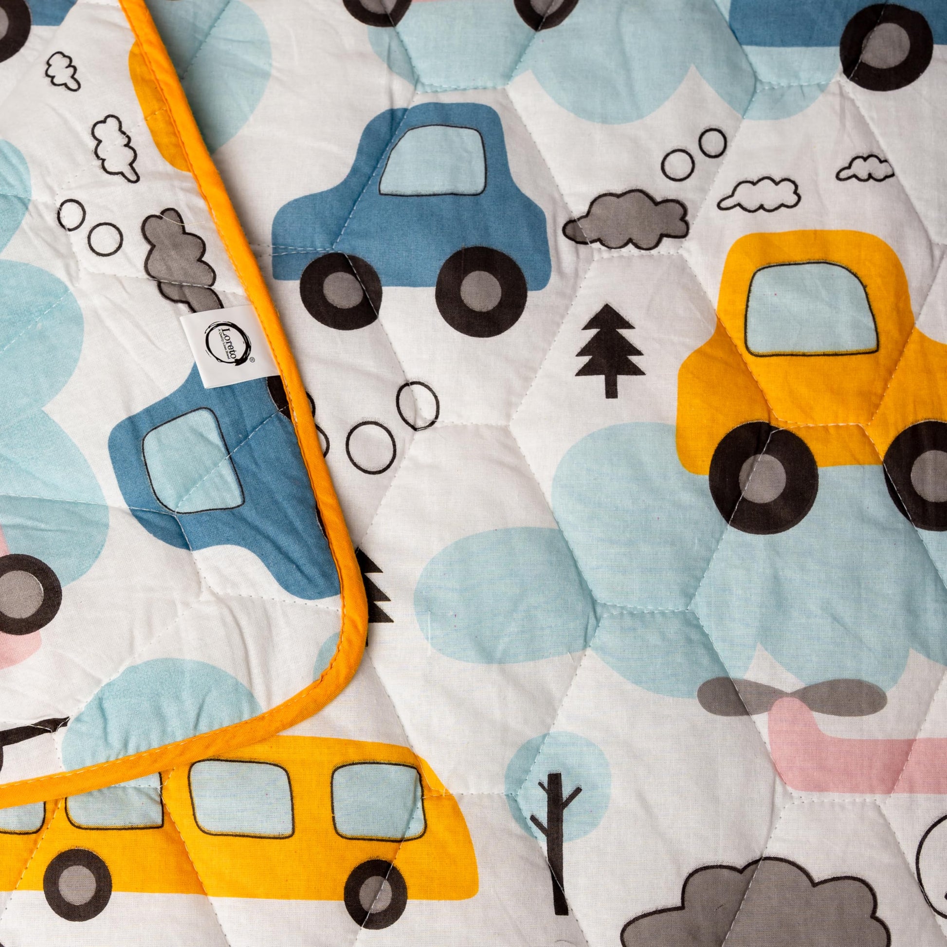 Bubblegum Blue & Bus Yellow Cars 100% Cotton Reversible Comforter for Single Bed | 150 GSM Lightweight Winter Quilt | AC Blanket 54" x 84"