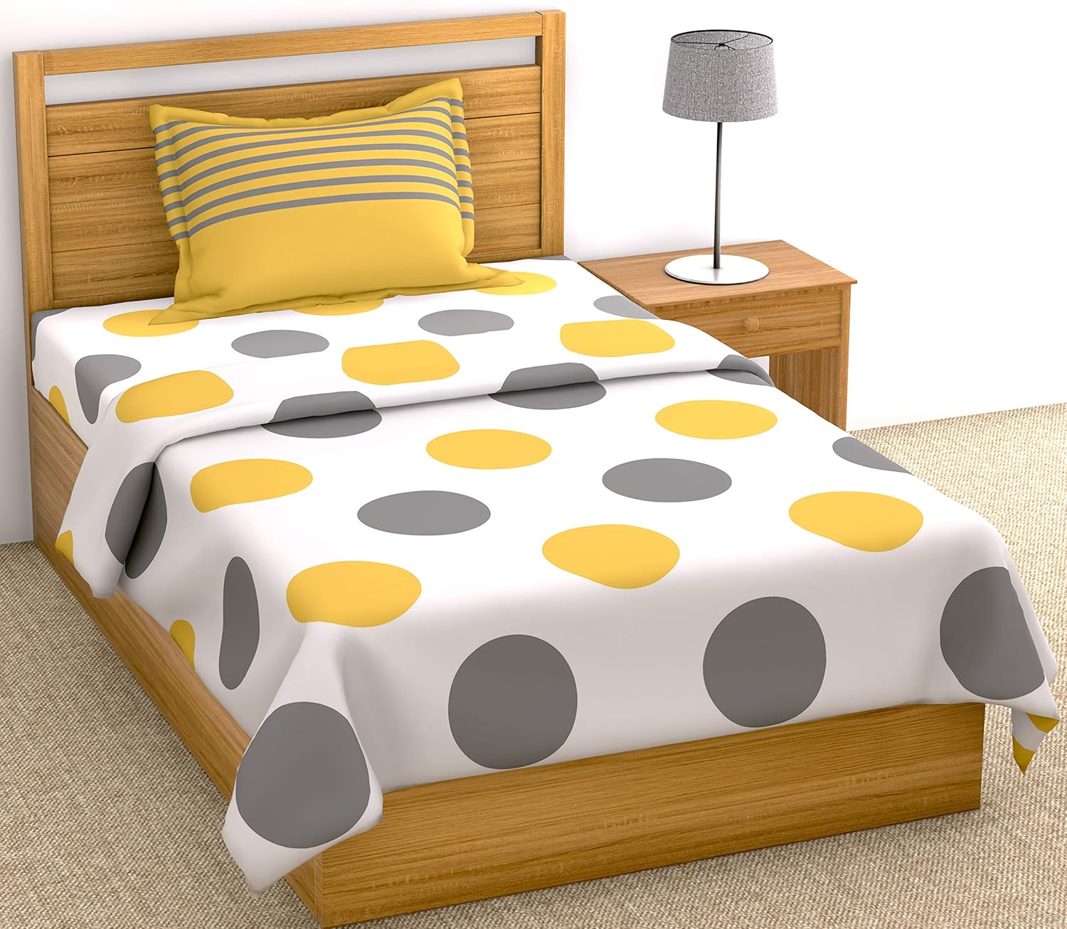 Yellow and Grey Polka Dots 100% Cotton Flat Single Bedsheet, 144 TC