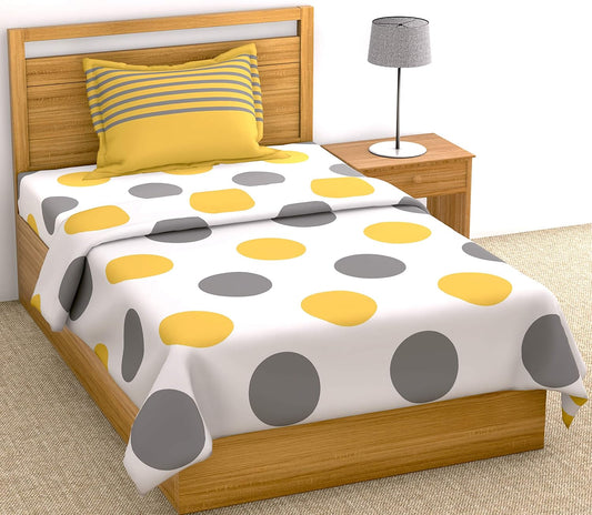 Yellow and Grey Polka Dots 100% Cotton Flat Single Bedsheet, 144 TC