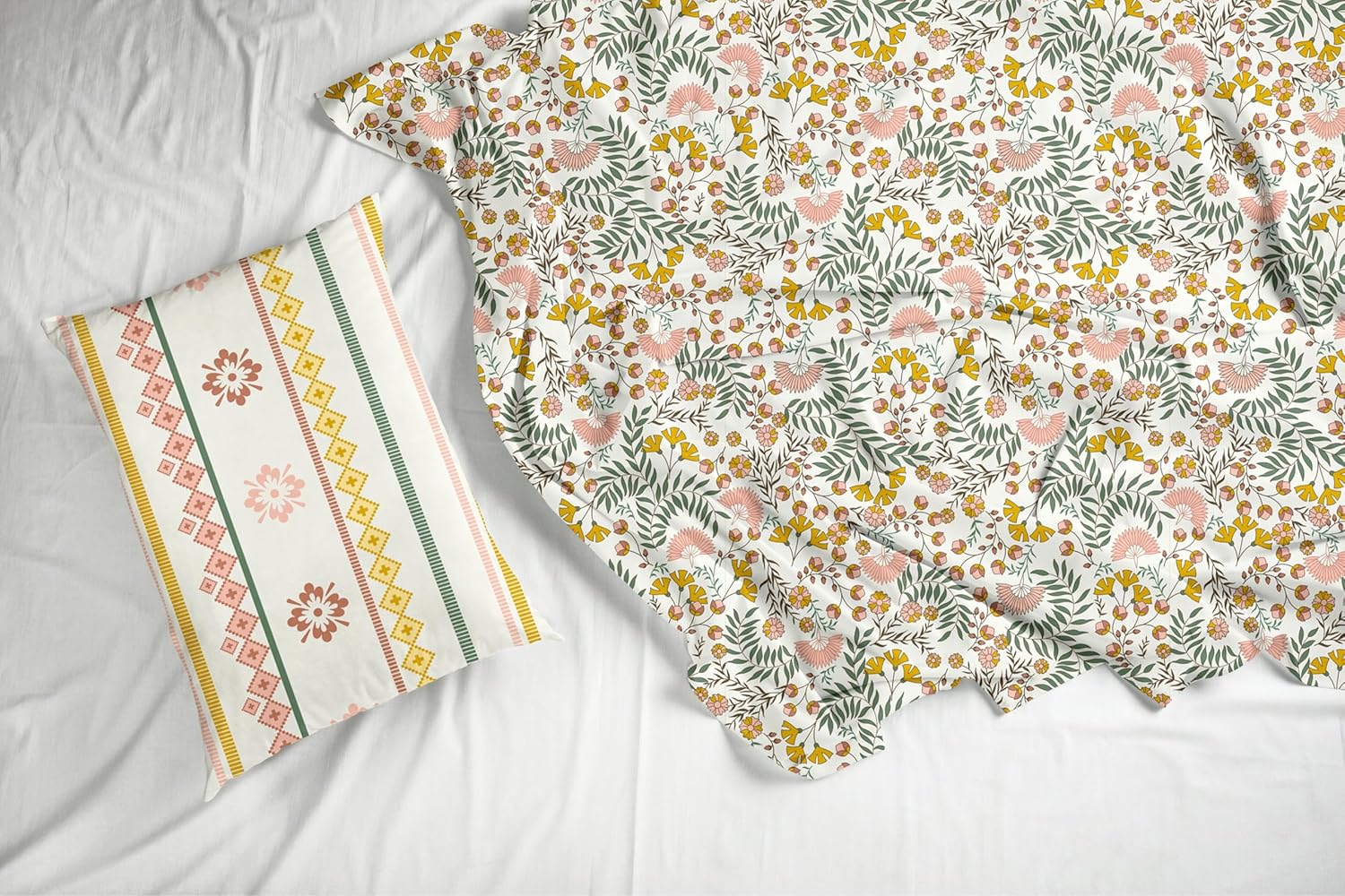 Green and Yellow Botanical Harmony 100% Cotton Flat Single Bedsheet, 144 TC