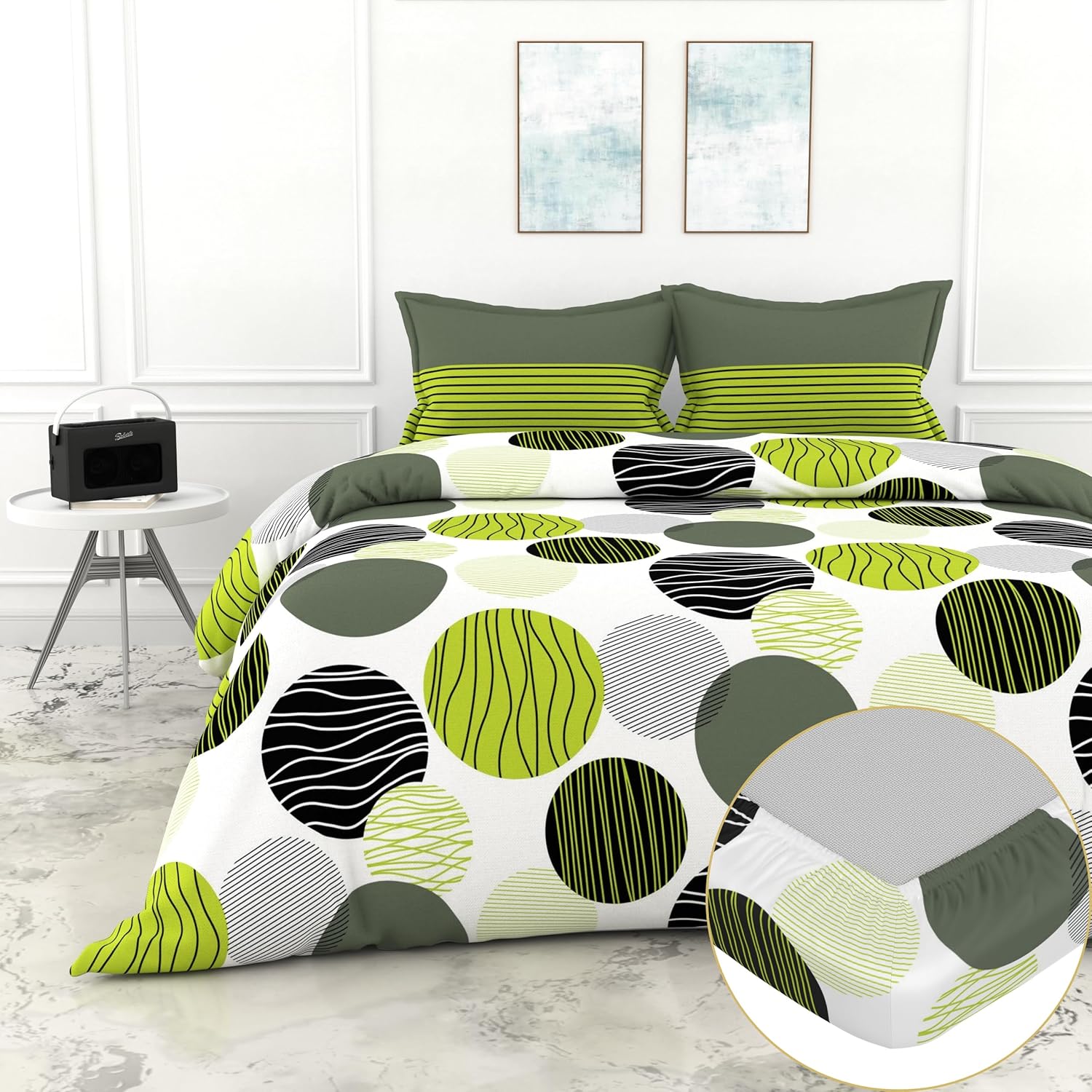 Loreto Cotton King Fitted Bedsheet | Olive Green & Black Circles