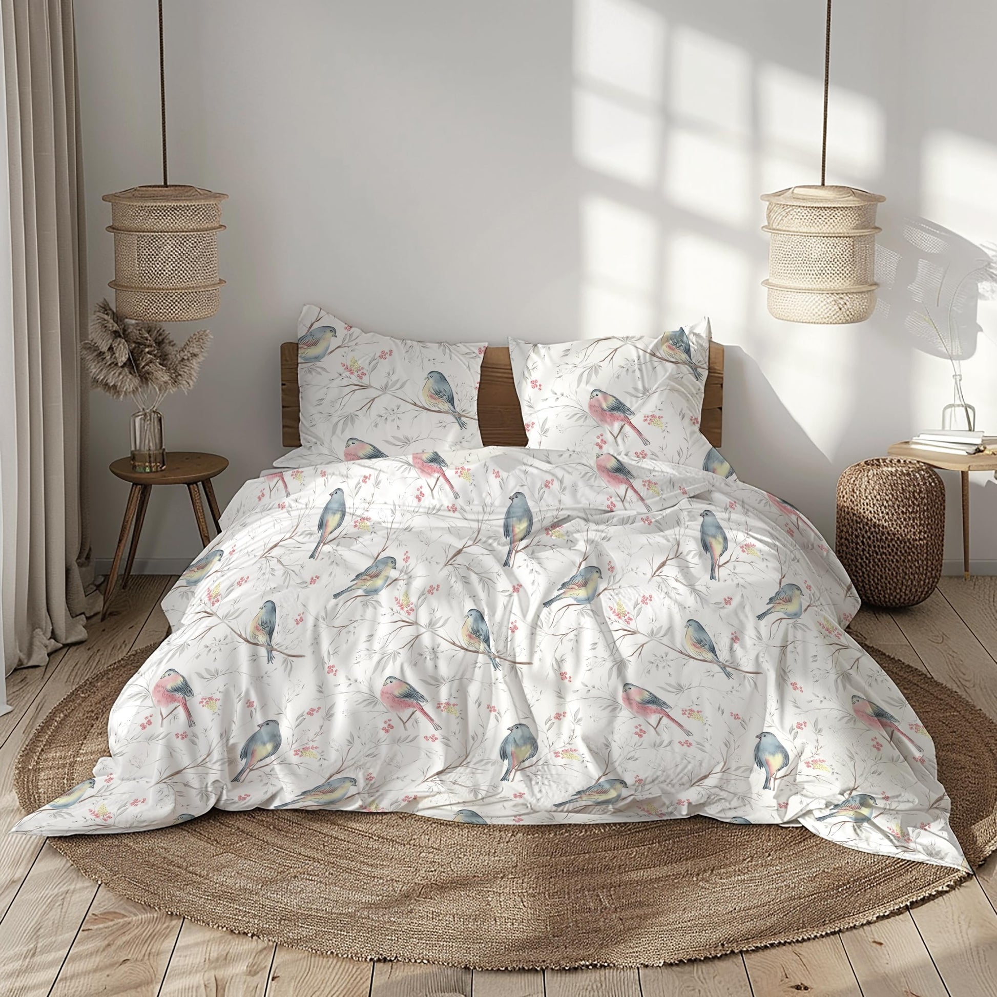Pink & Blue Garden 100% Pure Cotton Double Bedsheet, 186 TC, 90 x 108 Inches, Soft & Breathable with 2 Pillow Covers